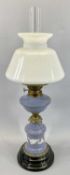 VICTORIAN OIL LAMP - opaque light purple glass reservoir and column, the latter with enamelled