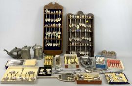 SOUVENIR TEASPOONS COLLECTION with two wall racks, further cutlery items, rectangular moulded