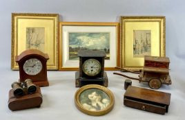 BLACK SLATE & MARBLE MANTEL CLOCK - late 19th century, circular enamel dial, brass bezel, eight