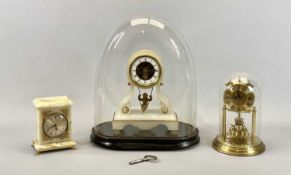 FRENCH ALABASTER MANTEL CLOCK - visible movement, white enamel chapter ring with black Roman