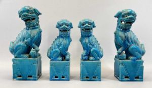 CHINESE FOO DOGS, A PAIR - mid-century, turquoise glazed, 36cms H and a smaller pair, 30.5cms H