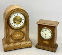 EDWARDIAN MAHOGANY DOME TOP MANTEL CLOCK, shell inlaid panel, the circular enamel and gilt dial