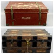 WOOD & METAL BANDED TRUNK, 31cms H, 81cms W, 47cms D and another storage box with 'Belling' print