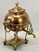 REGENCY COPPER SAMOVAR - ovoid body with lion mask ring handles, cover with crescent finial, brass