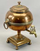 REGENCY COPPER SAMOVAR - circular body with ring side handles and gadrooned cover with knob