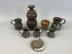 PEWTER MEASURES (5) - circa 1800, of baluster form with loop handles, 9.5cms H, 26cms H, a turned