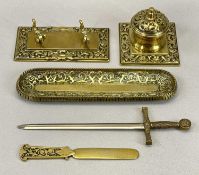 GILDED CAST BRASS DESK SET - late 19th century, four associated items to include square inkwell with