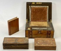 WALNUT WRITING BOX, late 19th century, inlaid with marquetry bands and with fitted interior, 15.5cms