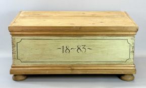 RECTANGULAR PINE TRUNK - partially painted and dated 1883, with iron side handles, 36cms H, 78cms W,