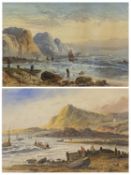 L LEWIS (British 1826 - 1913) watercolours, a pair - South Coast rocky shorelines with boats and