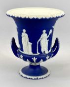 WEDGWOOD BLUE & WHITE JASPER WARE TWO HANDLED CAMPANA URN - the flared rim having foliate applied
