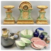 A N C POTTERY CLOCK GARNITURE - of Art Deco design, orange and green mottled glaze, clock 31cms H,