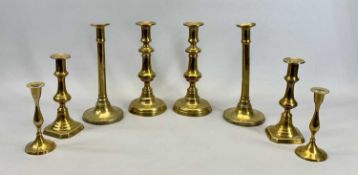 VICTORIAN BRASS CANDLESTICKS, 3 PAIRS - 25cms the tallest and a later pair of brass candlesticks,