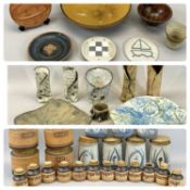 CONTEMPORARY STUDIO POTTERY - blue and white terracotta storage jars with cork lids (7), various