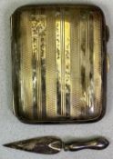 HALLMARKED SILVER CIGARETTE CASE and a trowel shape bookmark, Birmingham hallmarks, 1.8ozt