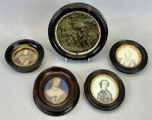 FRENCH CAST BRONZE BAS RELIEF CIRCULAR PLAQUE - 19th century, figures in woodland, in ebonised