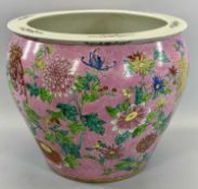 CHINESE FISHBOWL MID 20TH CENTURY - decorated with Crysanthemums and other flowers on a pink ground,