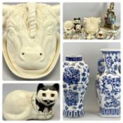 IRONSTONE BLUE & WHITE VASE - of panelled, octagonal form with fruit molded side handles, 48cms H,