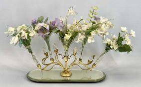 VICTORIAN EPERGNE - oval mirrored stand with gilded floral design arms holding five glass trumpet