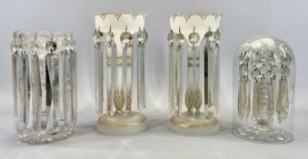 VICTORIAN OPAQUE GLASS LUSTRES, A PAIR - with gilded decoration and clear glass drops, 30cms H, a