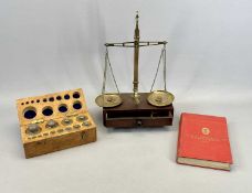 BRASS BEAM SCALE - late 19th century, on mahogany base with drawer, turned knob handle and bun feet,