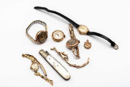 FIVE VINTAGE LADIES WRISTWATCHES, including four in 9ct gold, one plated, with 9ct gold miniature