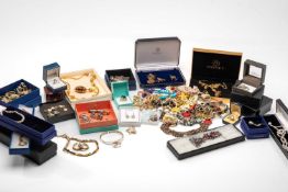 ASSORTED COSTUME JEWELLERY, including beaded necklaces, earrings, bracelets, brooches, rings,