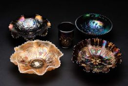 FIVE IRIDESCENT GLASS CARNIVAL BOWLS, comprising, Imperial Open Rose round bowl in purple, Northwood