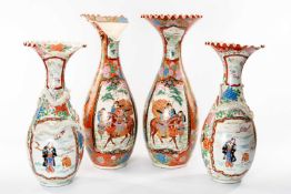 TWO PAIRS OF JAPANESE KUTANI PORCELAIN VASES, of pear shape with undulating flared rims, one pair