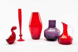 WHITEFRIARS STUDIO GLASS, comprising #9599 amethyst soda glass carafe 17cm h, #9596 ruby soda