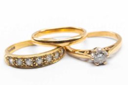 TWO 18CT GOLD & DIAMOND SET RINGS & 18CT GOLD WEDDING BAND, gross wt. 8.47g approx. (3)