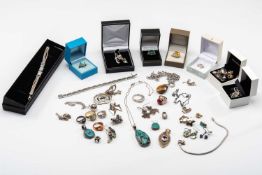 ASSORTED SILVER JEWELLERY, including necklaces, rings, pendants, bracelet charms, earrings etc. ,