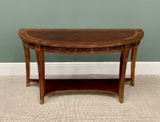 REPRODUCTION CROSSBANDED, WALNUT & MAHOGANY EFFECT HALF MOON HALL TABLE - having a blind fret