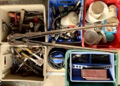GARAGE TOOLS & ACCESSORIES - in several tubs to include water pump, large set of 
