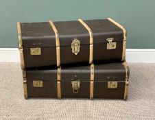 VINTAGE STEAMER TRUNKS (2) - having wooden and metal mounted banding, labelled to the handles 