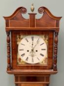 ROBERT MORRIS, STONE, MAHOGANY LONGCASE CLOCK - the hood with broken swan neck pediment with brass