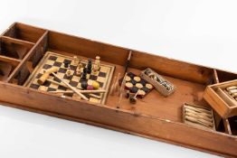 ASSORTED CLUBHOUSE GAMES, comprising vintage SPINNING TOP SKITTLES, the long board with compartments