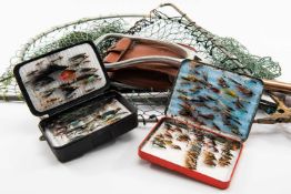 ASSORTED FISHING ACCESSORIES, vintage Hardy Bros. and other landing nets some with folding