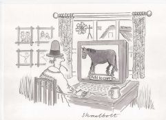 Paul Shadbolt. “Add to cart”. Pen, ink & watercolour wash cartoon on card. 21 x 30cms.