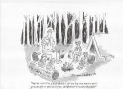 Paul Shadbolt. “Ghost stories”. Pen, ink & watercolour wash cartoon on card. 21 x 30cms.