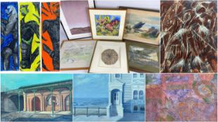 ASSORTED PICUTRES, including two oils of buildings by Alex Olivera, abstract triptych in three