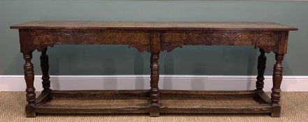 17TH CENTURY STYLE JOINED OAK TABLE, of narrow refectory type, front carved with arcaded frieze