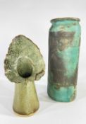 TWO STUDIO POTTERY VASES comprising cylindrical banded vase with incised initials 'B. J. W.', 19.