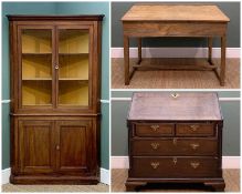 GEORGE III OAK & MAHOGANY CROSSBANDED BUREAU, angled fall enclosing fitted interior of drawers,