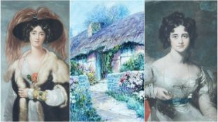 ‡ MEZZOTINT ENGRAVINGS & WATERCOLOURS, comprising Leyton Forbes, watercolour - thatched cottage with