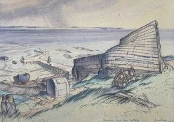 20TH CENTURY SCOTTISH SCHOOL, mixed media on brown paper - figures, boats, jetty, titled bottom