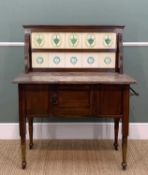 LATE VICTORIAN WASHSTAND, tiled back above red marble top and cupboards on turned feet, castors,