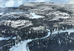 ‡ RONALD LOWE (British 1932-1985) mixed media - landscape with mountains and trees, entitled