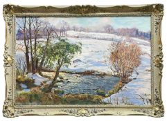 ‡ DONALD FLOYD, oil on canvas - Snowy river landscape, signed and dated 1963, 60 x 90cm