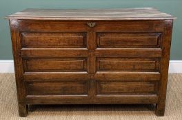 JOINED OAK DEEP COFFER, with panelled front and sides, moulded hinged lid, stile feet, 90h x 135w